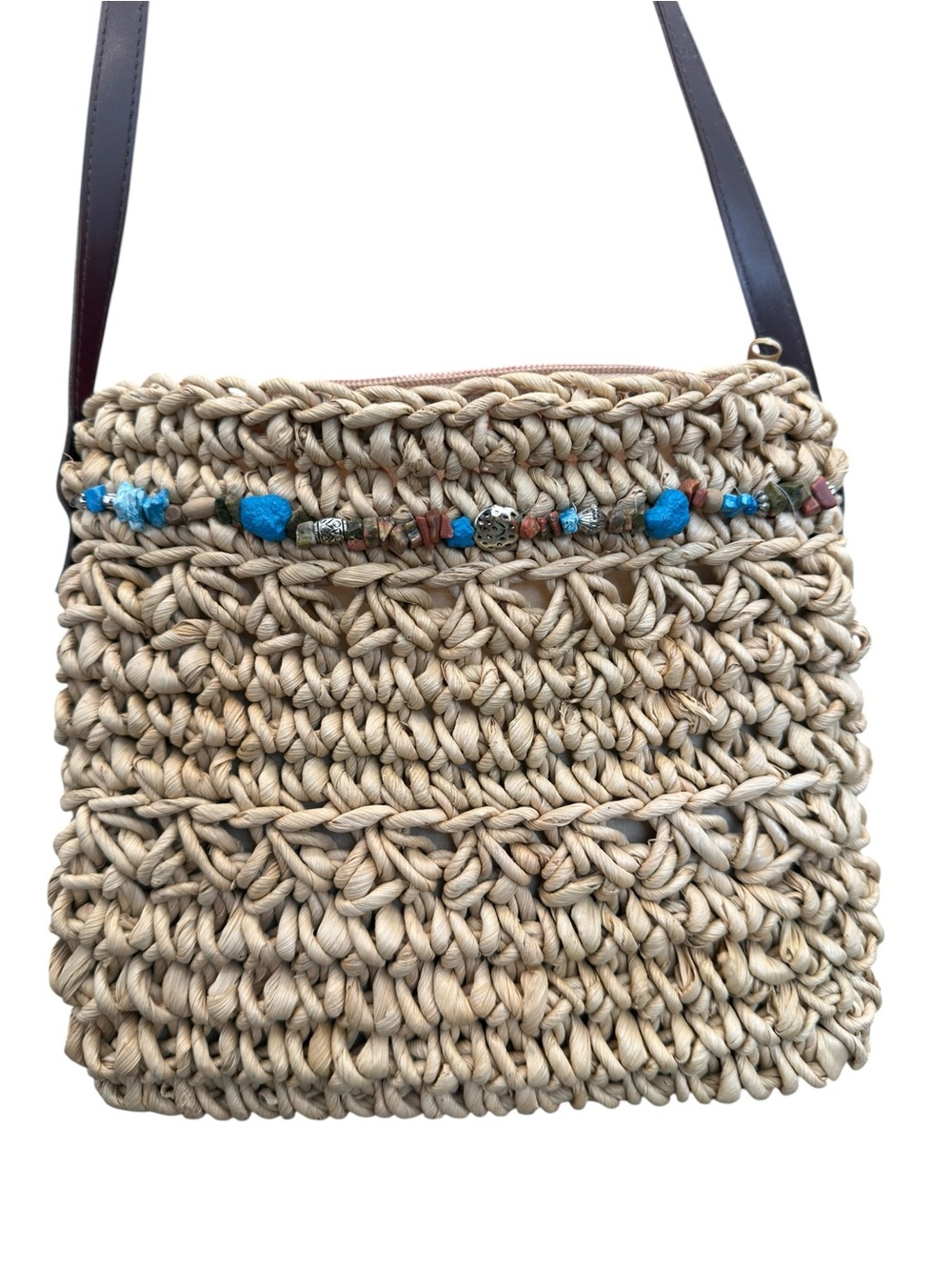 Beaded‎ Natural Straw Shoulder Bag with Turquoise Accents